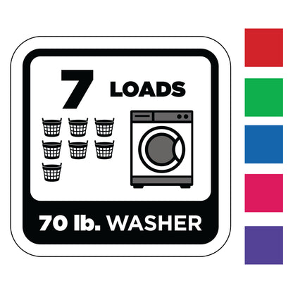Decal of a washing machine with '7 LOADS' and '70 lb. WASHER' text, surrounded by color swatches.