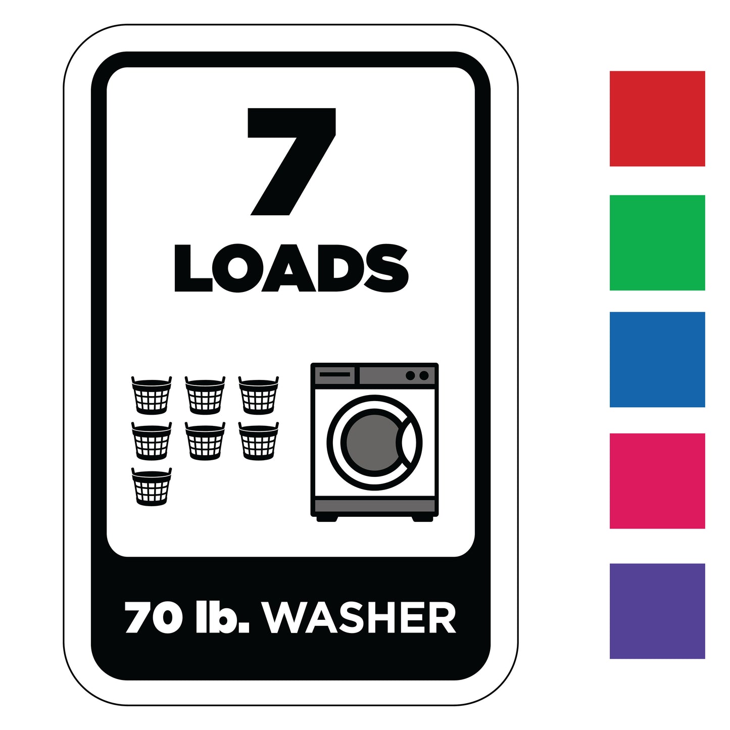 7 loads washing machine load indicator decal with icons and text on a white background. Available in 6 color options.