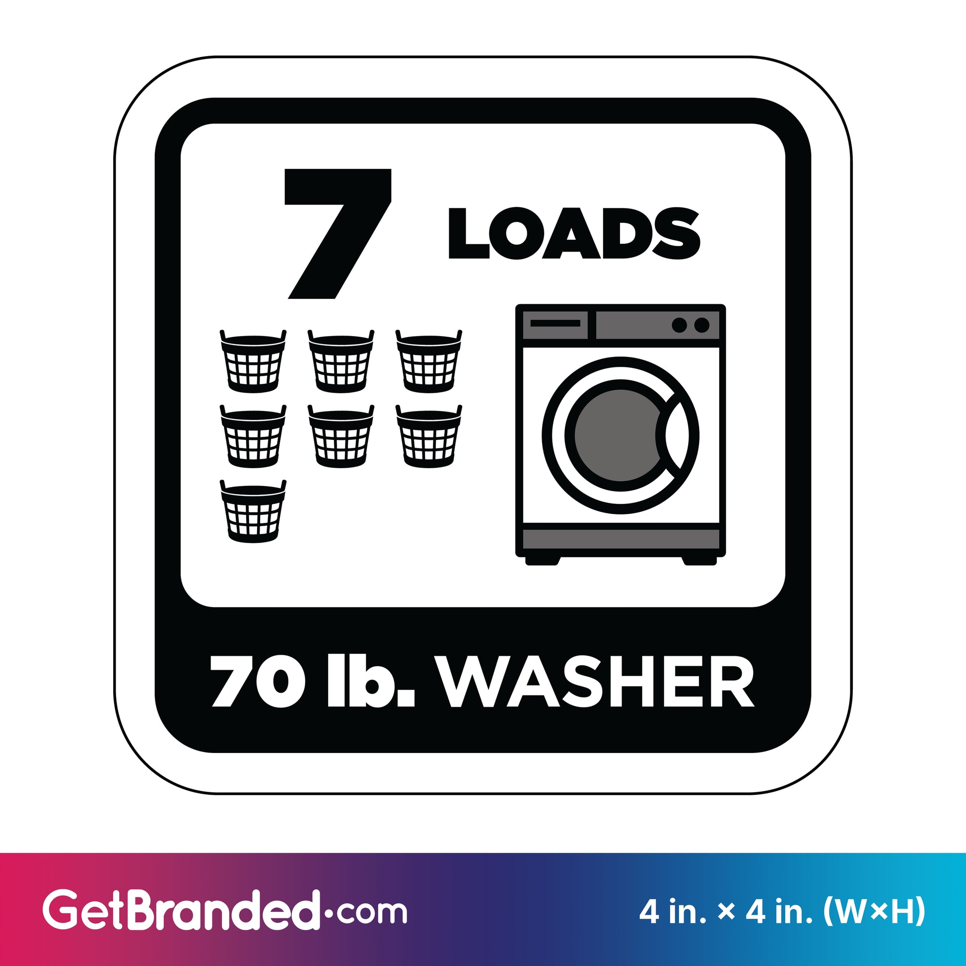 Decal indicating 7 loads for a 70 lb. washer with black graphics on a white background