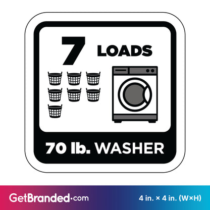 Decal indicating 7 loads for a 70 lb. washer with black graphics on a white background