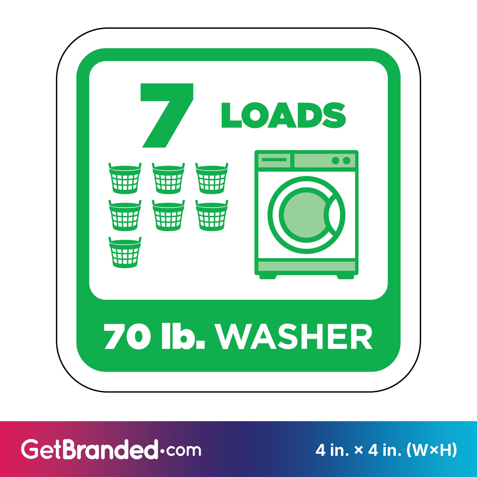 Decal indicating 7 loads for a 70 lb. washer with green graphics on a white background