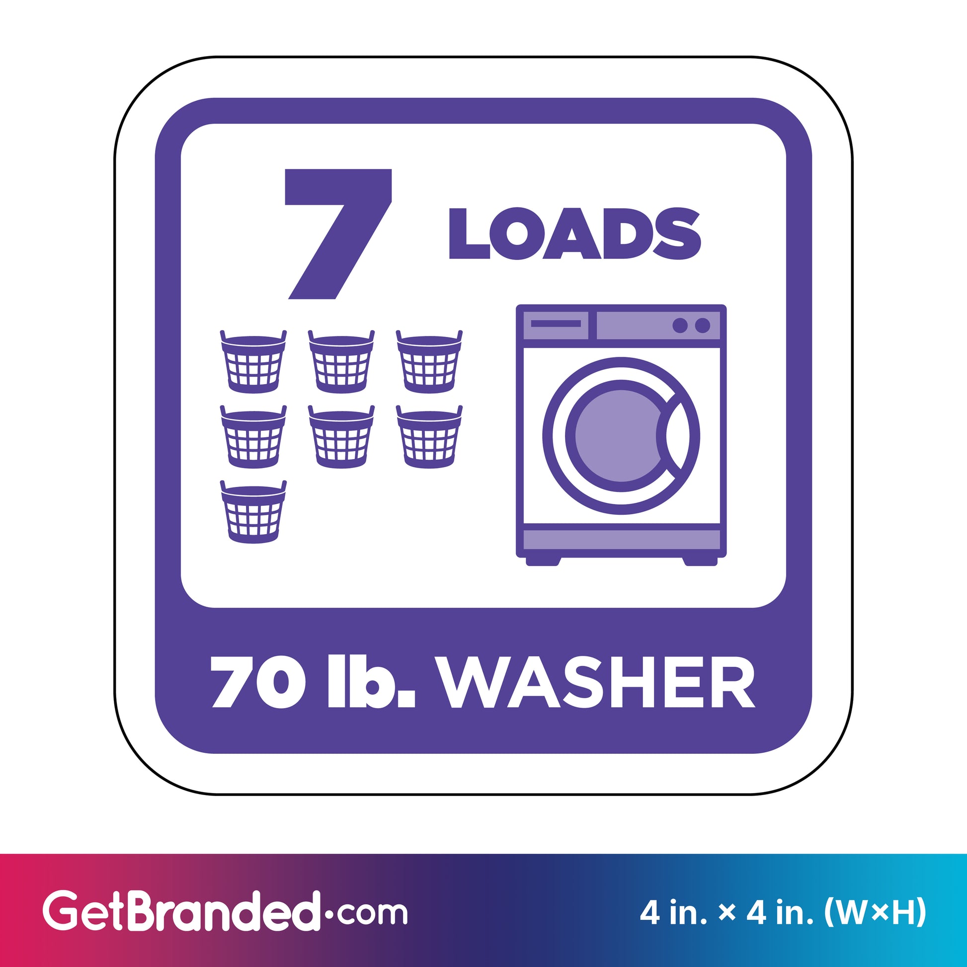 Decal indicating 7 loads for a 70 lb. washer with purple graphics on a white background