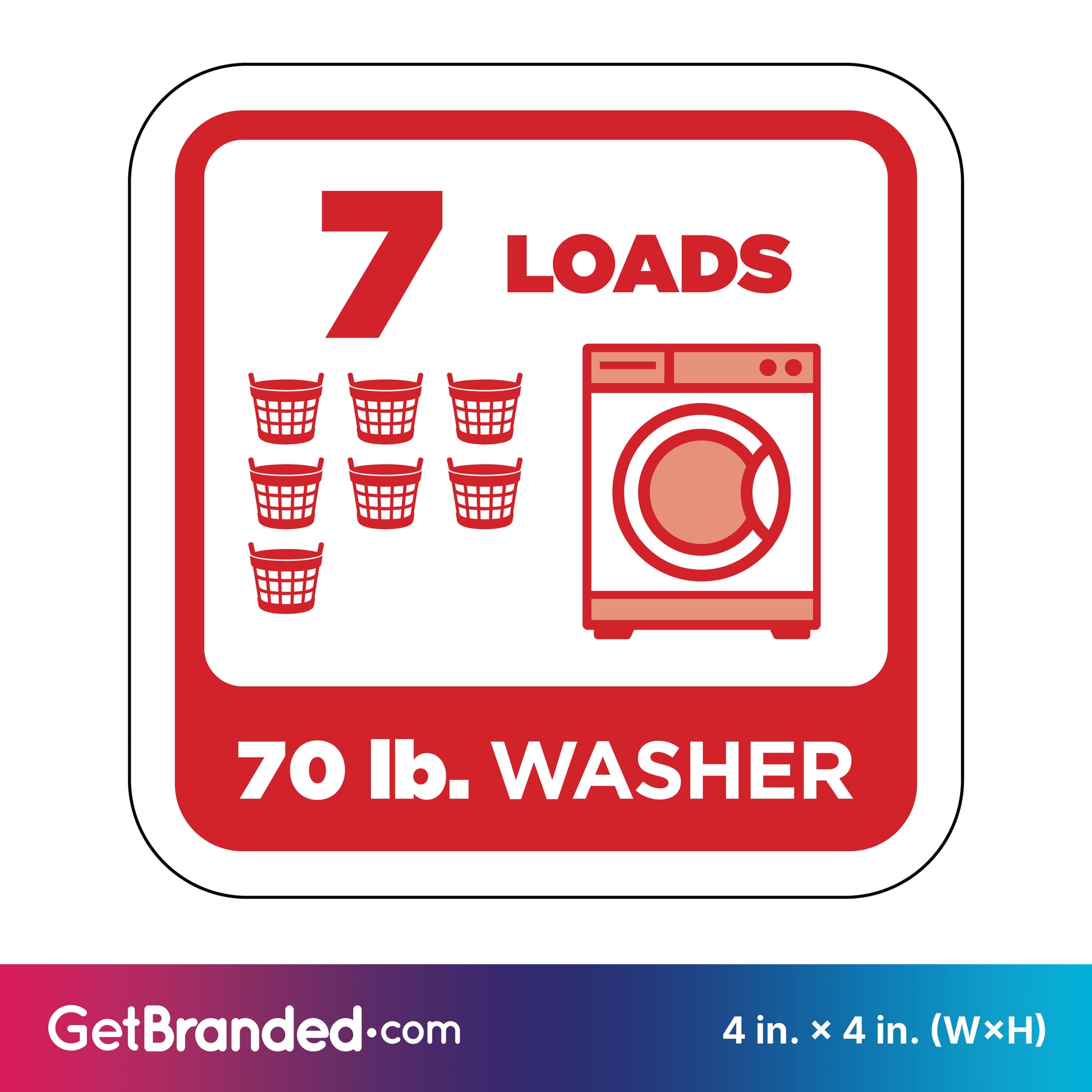 Decal indicating 7 loads for a 70 lb. washer with red graphics on a white background