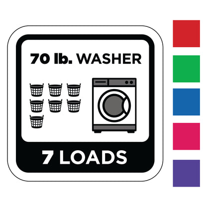 Decal of a 70 lb. washer with icons for laundry baskets and loads, surrounded by color swatches.