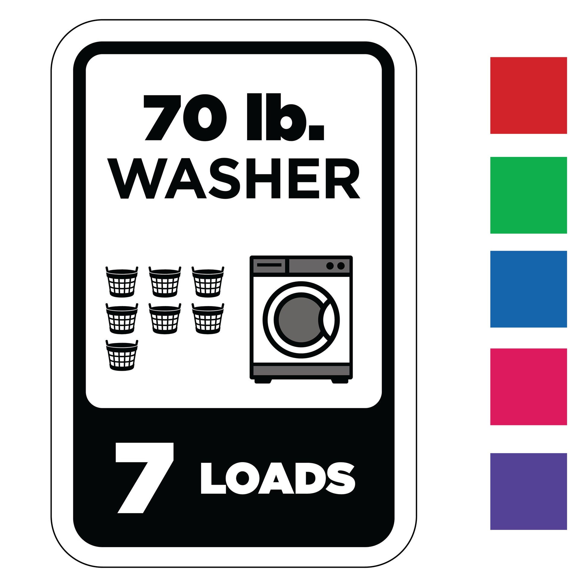 Washing machine load indicator sign with text and icons on a white background. Available in 6 color options.
