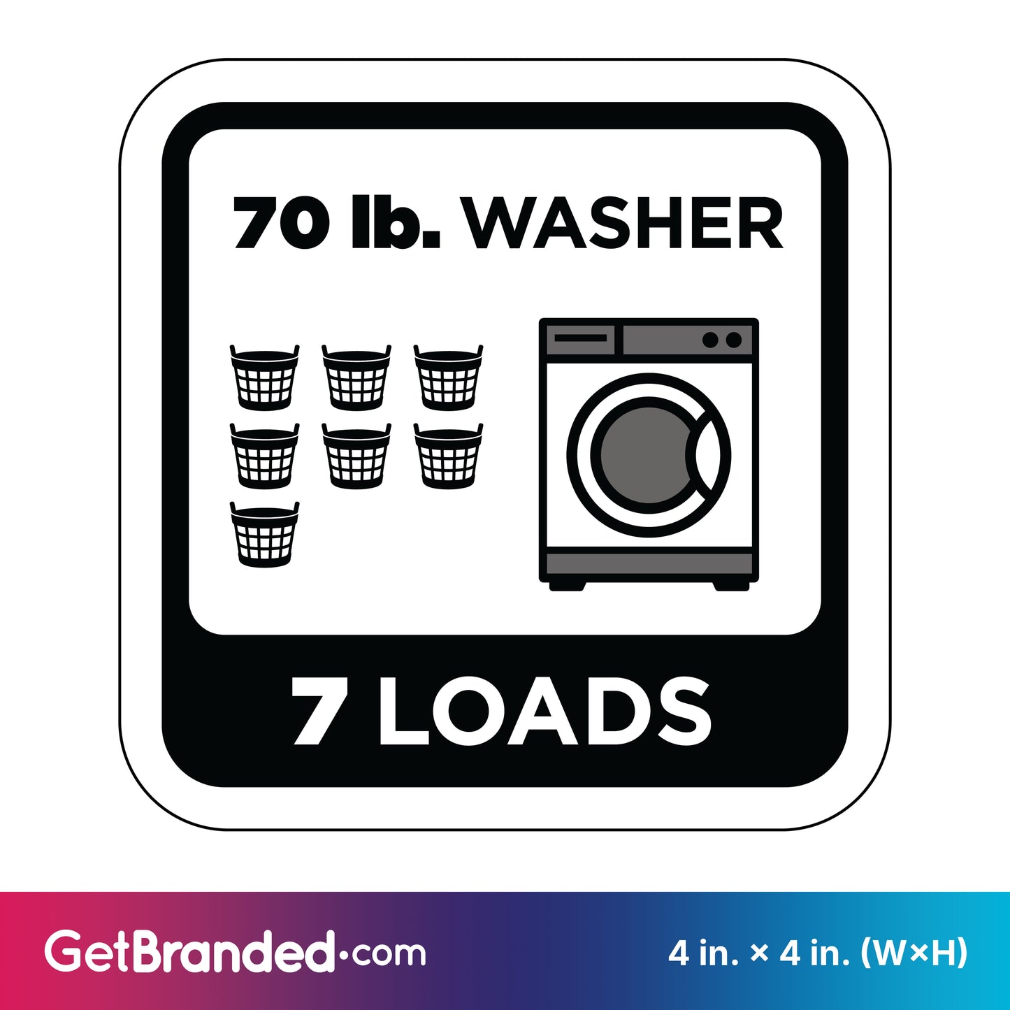 Washing machine load capacity indicator for 70 lb. washer that holds 7 loads with black icons and text on a white background