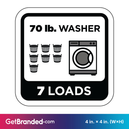 Washing machine load capacity indicator for 70 lb. washer that holds 7 loads with black icons and text on a white background