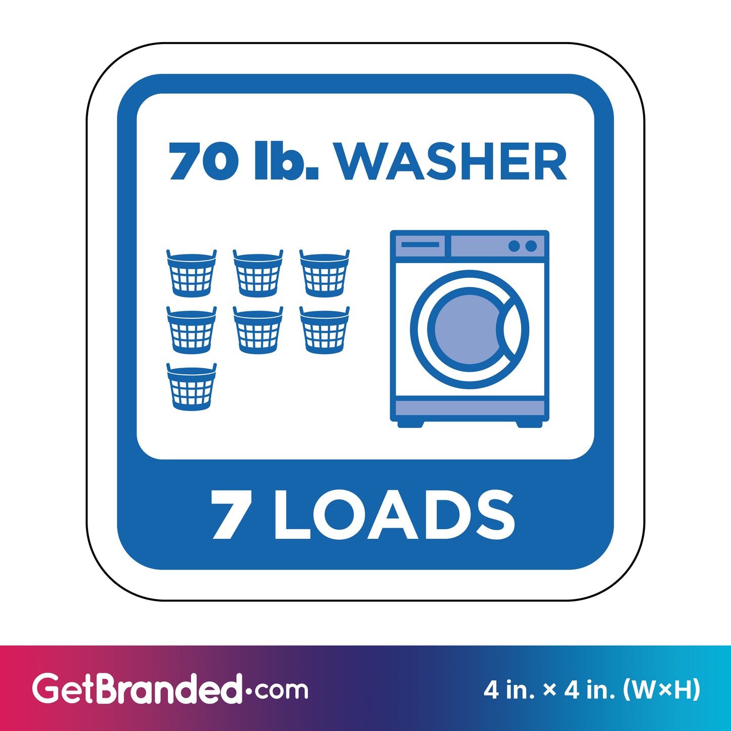 Washing machine load capacity indicator for 70 lb. washer that holds 7 loads with blue icons and text on a white background