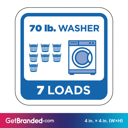 Washing machine load capacity indicator for 70 lb. washer that holds 7 loads with blue icons and text on a white background