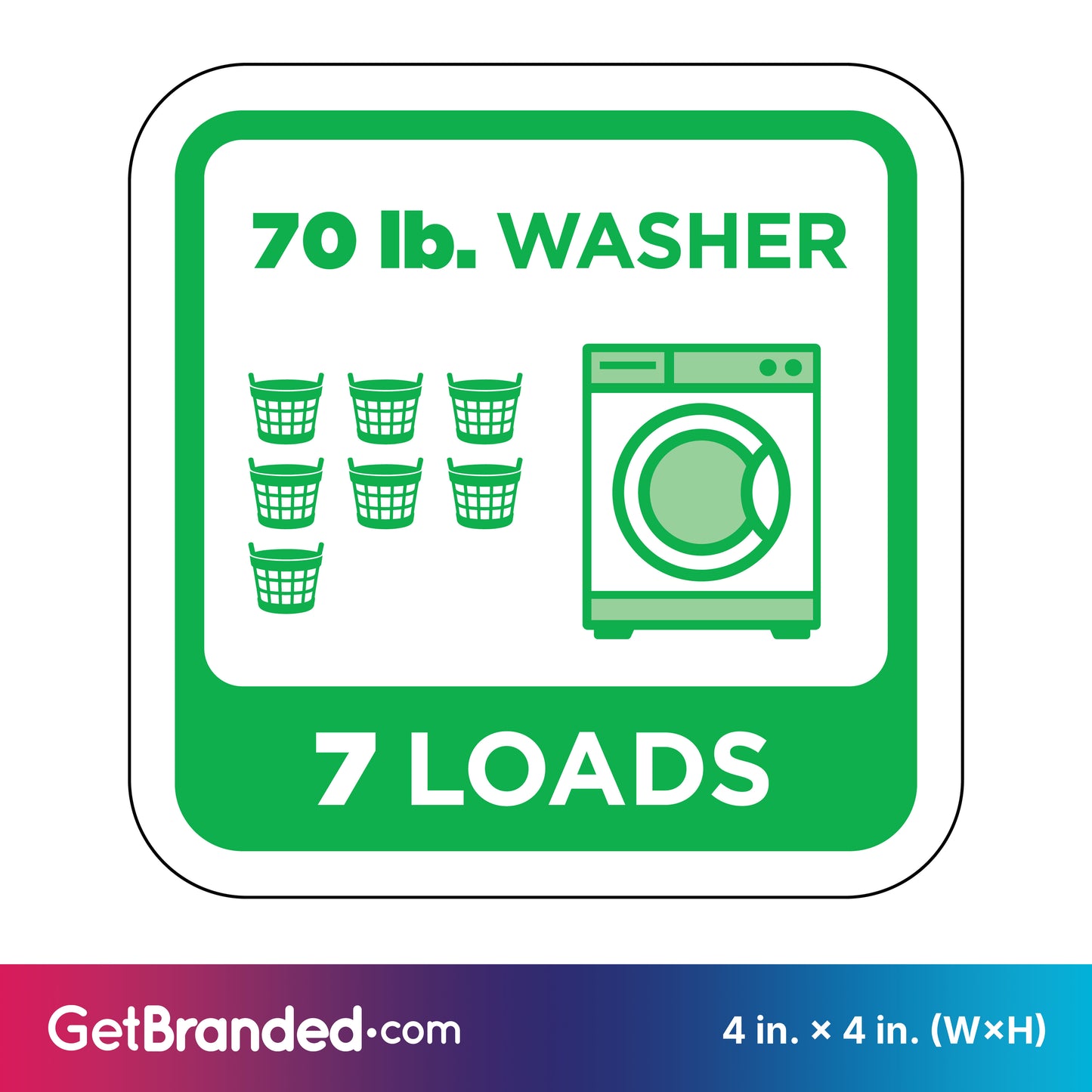 Washing machine load capacity indicator for 70 lb. washer that holds 7 loads with green icons and text on a white background