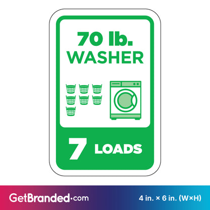 Sign indicating a 70 lb. washer capacity with a green washing machine icon and text on a white background.