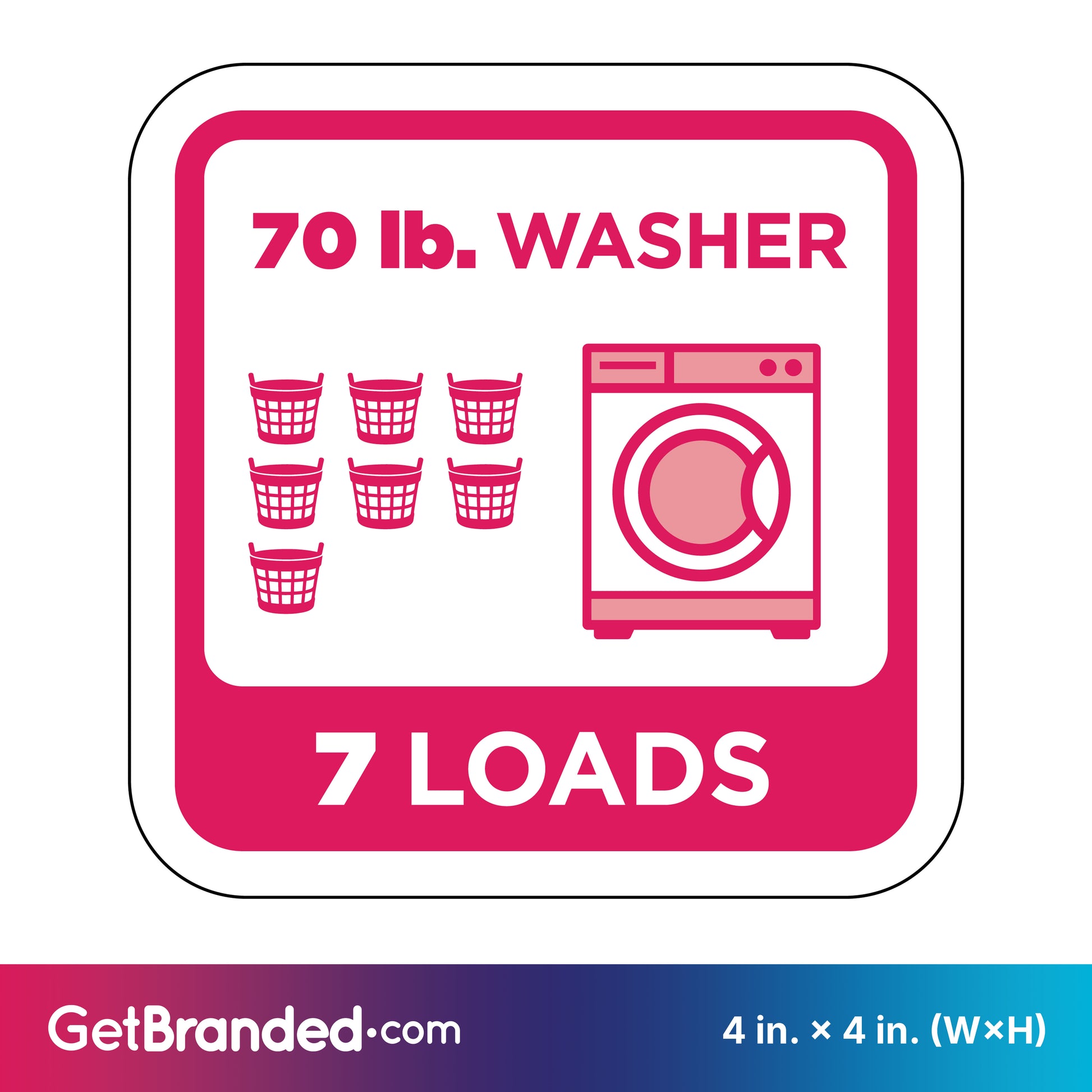 Washing machine load capacity indicator for 70 lb. washer that holds 7 loads with magenta icons and text on a white background