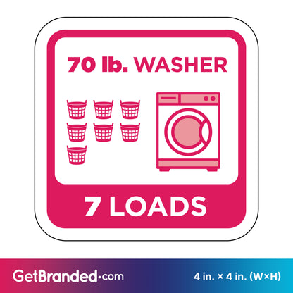 Washing machine load capacity indicator for 70 lb. washer that holds 7 loads with magenta icons and text on a white background