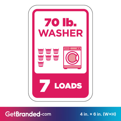 Sign indicating a 70 lb. washer capacity with a magenta washing machine icon and text on a white background.