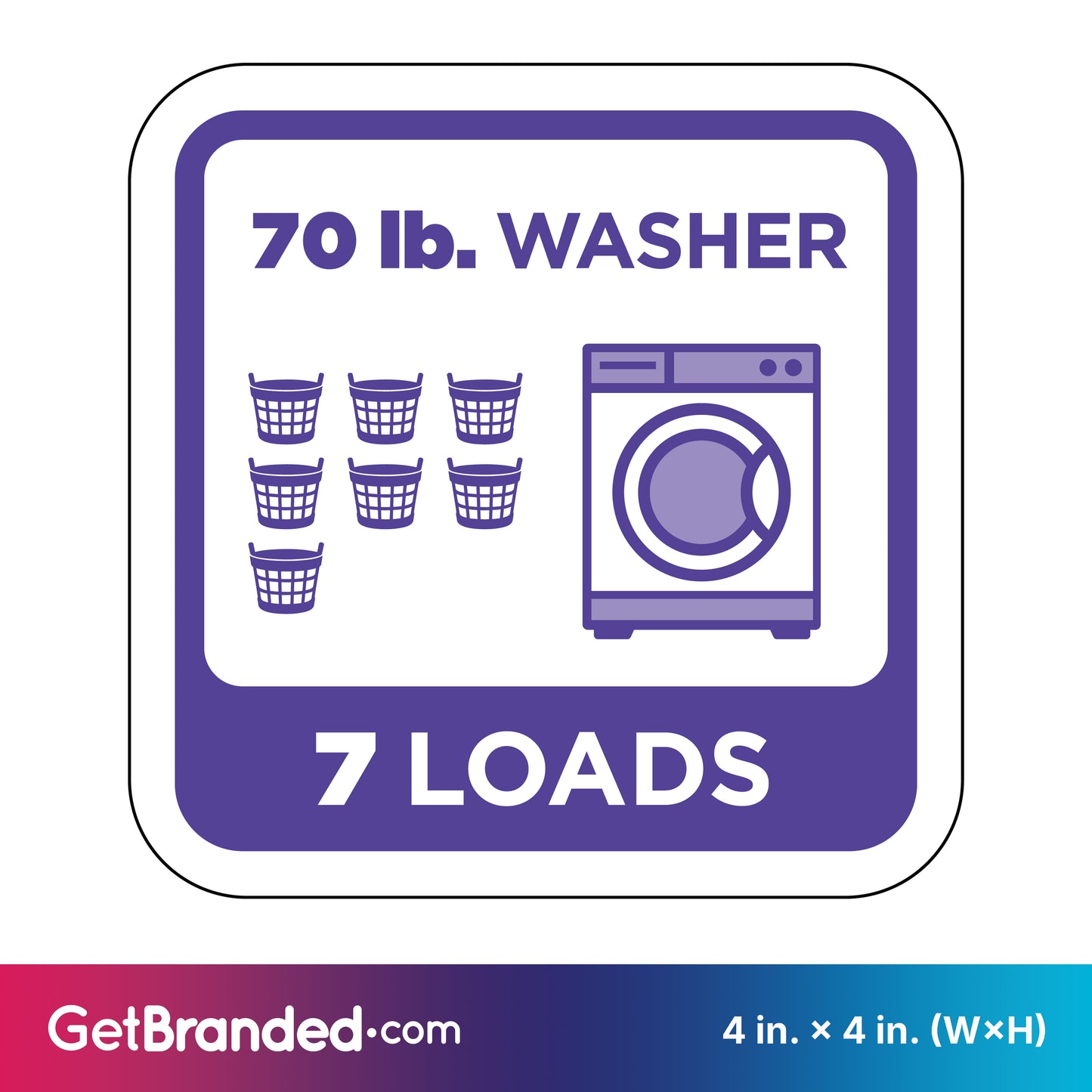 Washing machine load capacity indicator for 70 lb. washer that holds 7 loads with purple icons and text on a white background