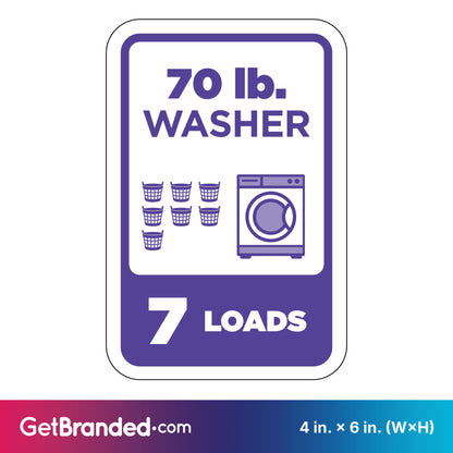 Sign indicating a 70 lb. washer capacity with a purple washing machine icon and text on a white background.