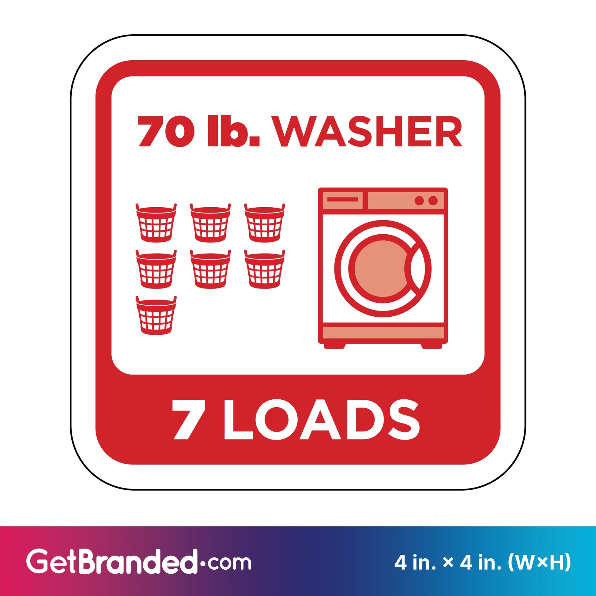 Washing machine load capacity indicator for 70 lb. washer that holds 7 loads with red icons and text on a white background