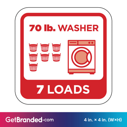 Washing machine load capacity indicator for 70 lb. washer that holds 7 loads with red icons and text on a white background