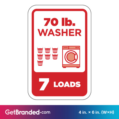 Sign indicating a 70 lb. washer capacity with a red washing machine icon and text on a white background.