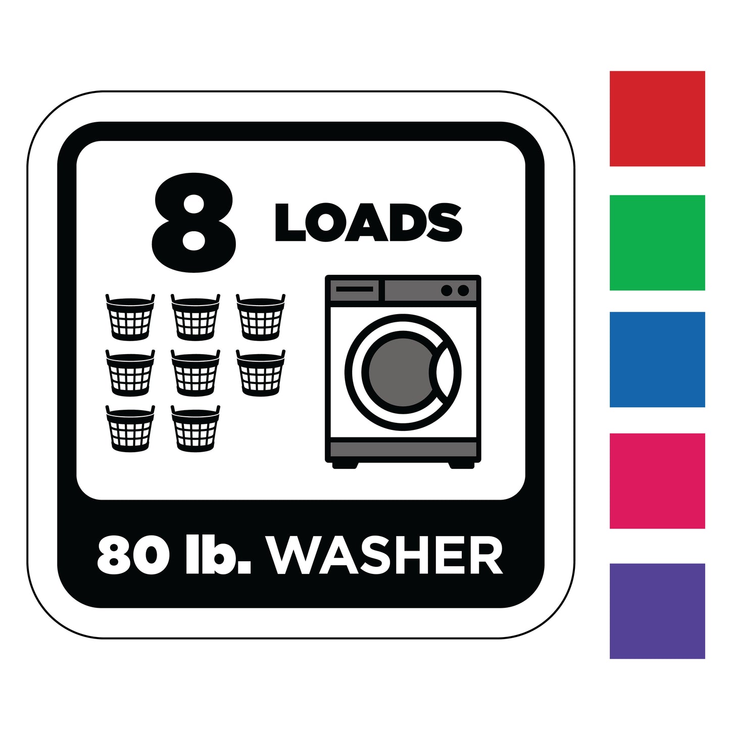 Sticker of a washing machine with '8 Loads' and '80 lb. Washer' text, surrounded by color swatches.