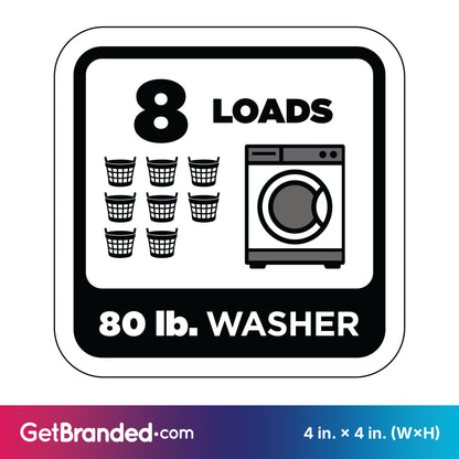 Decal indicating 8 loads capacity for an 80 lb. washer with black graphics on a white background