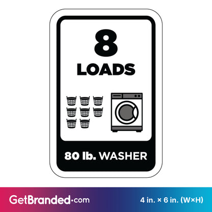 Washing machine load indicator sign with '8 LOADS' and '80 lb. WASHER' black text and graphics on a white background.