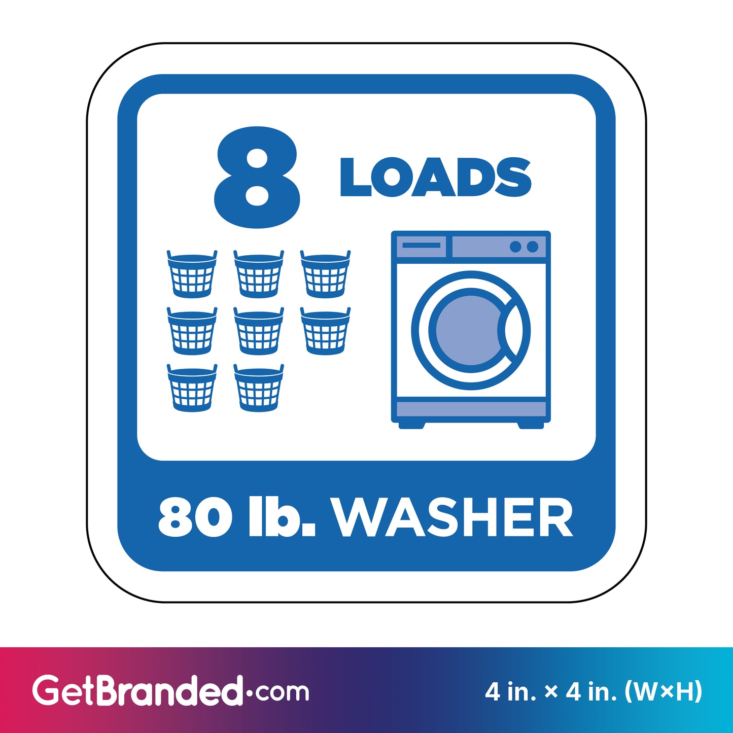 Decal indicating 8 loads capacity for an 80 lb. washer with blue graphics on a white background
