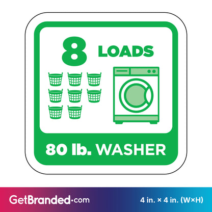 Decal indicating 8 loads capacity for an 80 lb. washer with green graphics on a white background