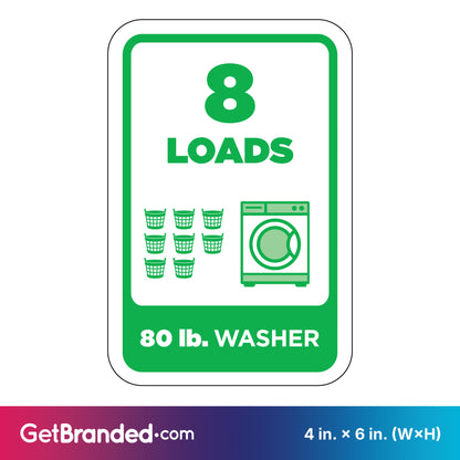 Washing machine load indicator sign with '8 LOADS' and '80 lb. WASHER' green text and graphics on a white background.