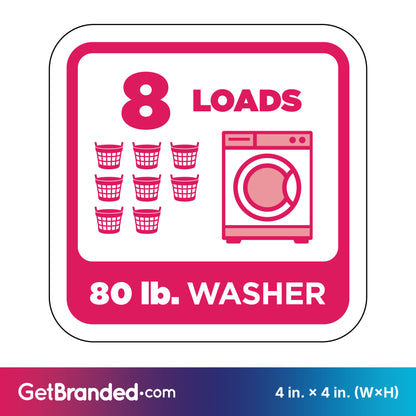 Decal indicating 8 loads capacity for an 80 lb. washer with magenta graphics on a white background