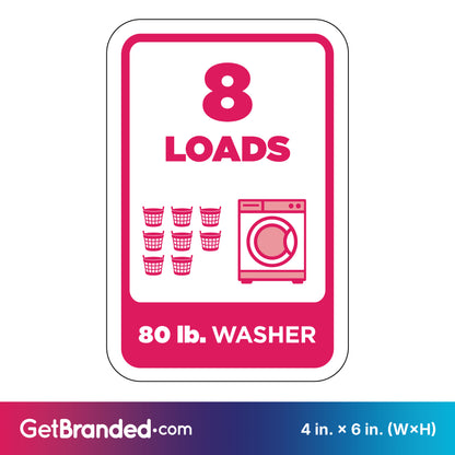 Washing machine load indicator sign with '8 LOADS' and '80 lb. WASHER' magenta text and graphics on a white background.