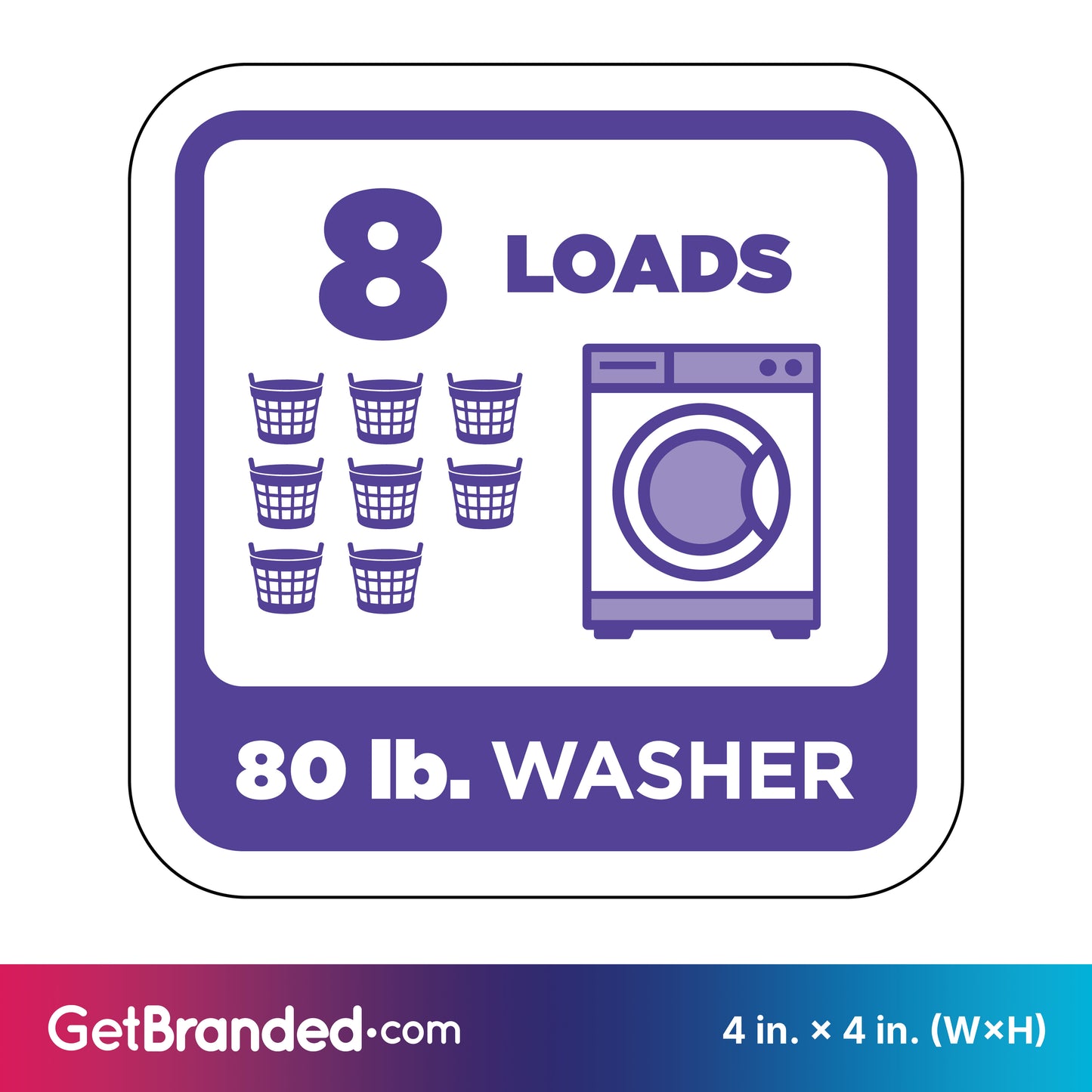 Decal indicating 8 loads capacity for an 80 lb. washer with purple graphics on a white background