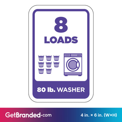 Washing machine load indicator sign with '8 LOADS' and '80 lb. WASHER' purple text and graphics on a white background.
