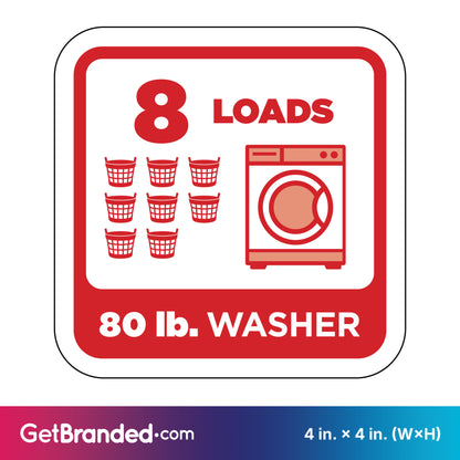 Decal indicating 8 loads capacity for an 80 lb. washer with red graphics on a white background