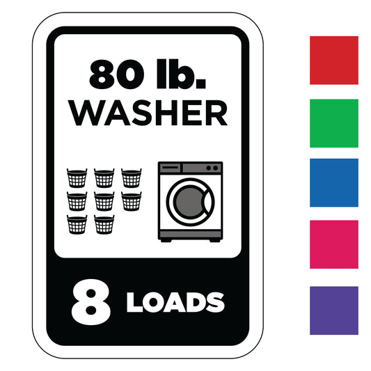 Label indicating a 80 lb. washer capacity with icons for laundry baskets and washing machine, alongside 6 color swatches.