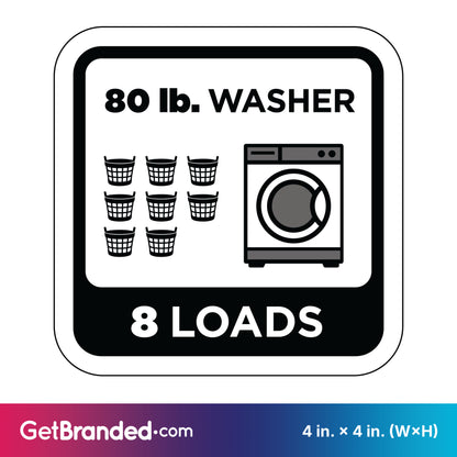 Decal indicating capacity of 80 lb. washer for 8 loads with black graphics on a white background.