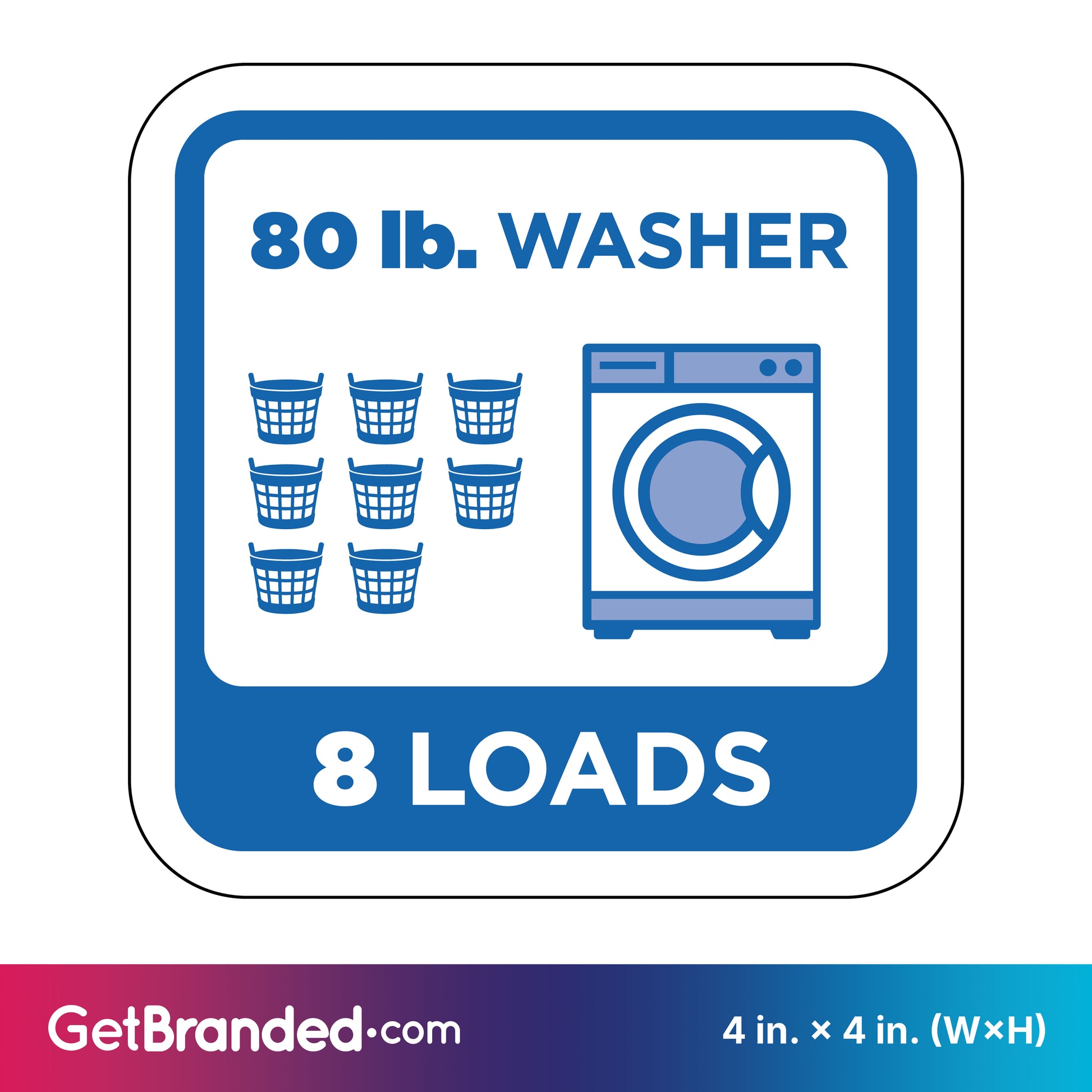 Decal indicating capacity of 80 lb. washer for 8 loads with blue graphics on a white background.