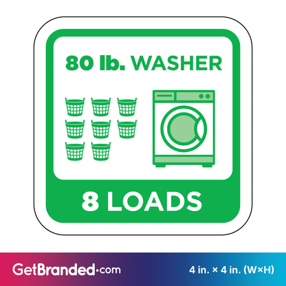 Decal indicating capacity of 80 lb. washer for 8 loads with green graphics on a white background.