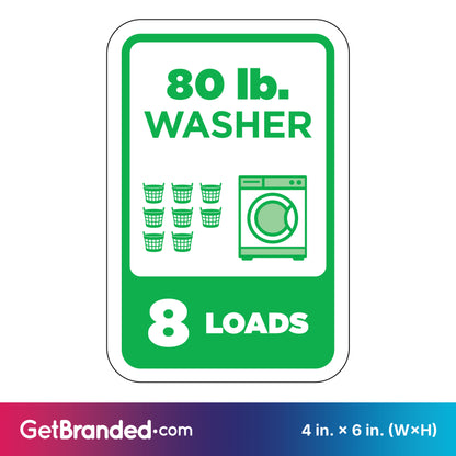 Sign indicating capacity of 80 lb. washer for 8 loads with green graphics on a white background