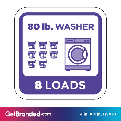 Decal indicating capacity of 80 lb. washer for 8 loads with purple graphics on a white background.