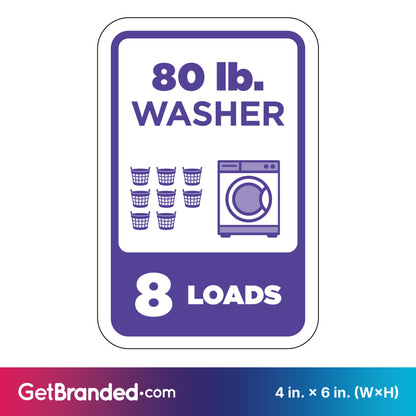 Sign indicating capacity of 80 lb. washer for 8 loads with purple graphics on a white background