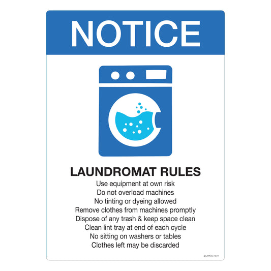 Laundromat rules signage. Customizable to display your unique message.