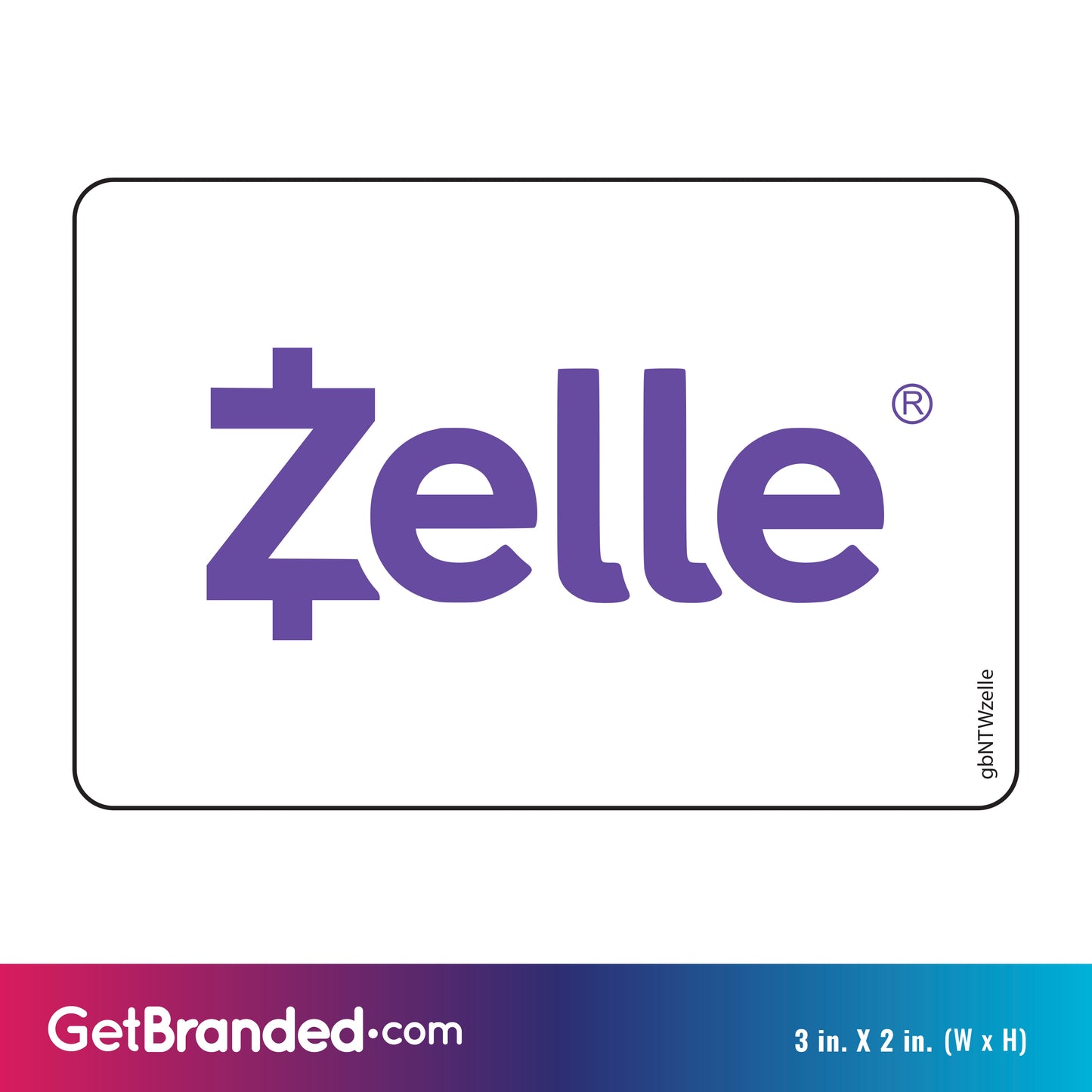 Single Network Decal, Zelle. 3 inches by 2 inches in size. Measurements shown.