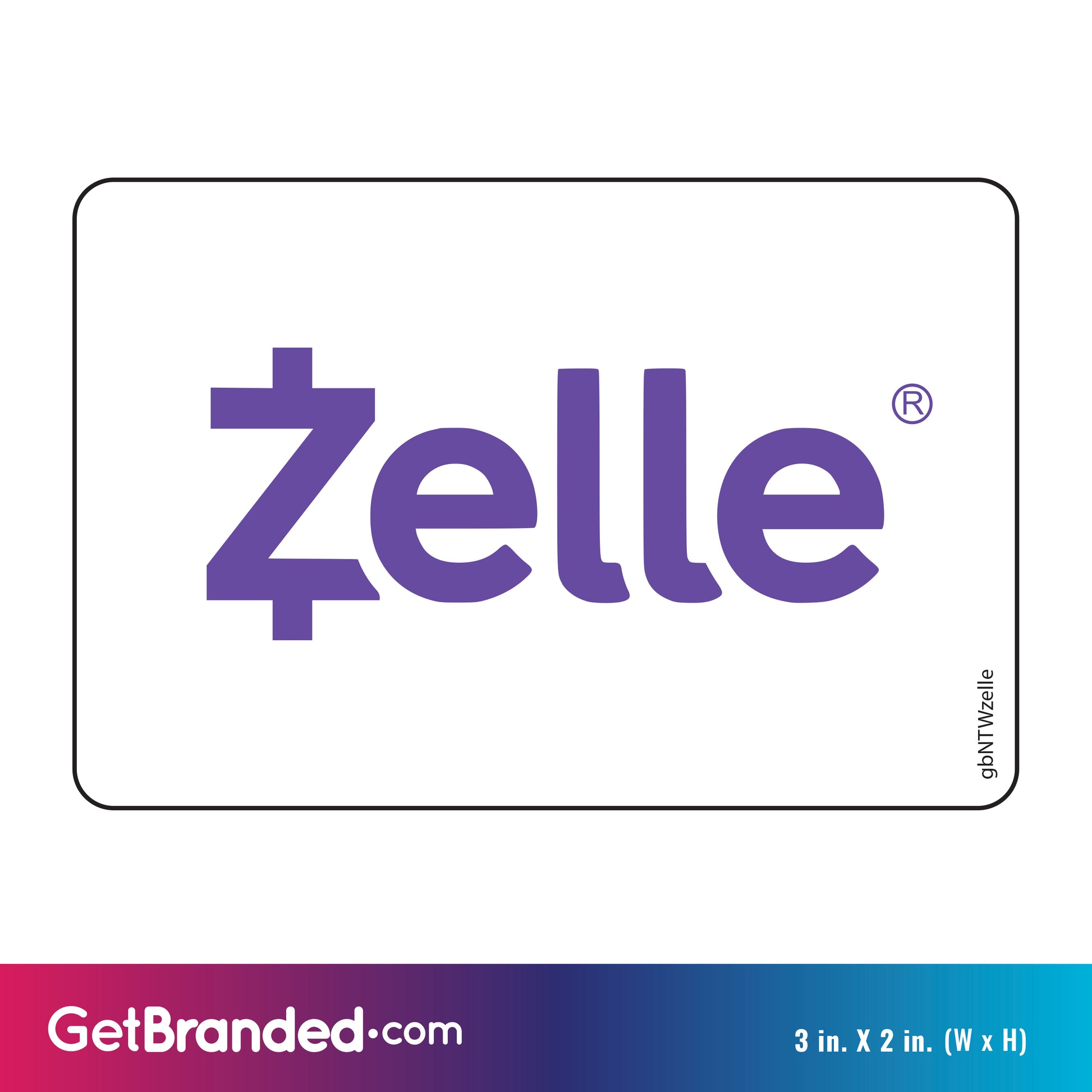 Single Network Decal, Zelle. 3 inches by 2 inches in size. Measurements shown.