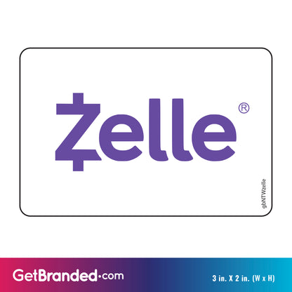 Single Network Decal, Zelle. 3 inches by 2 inches in size. Measurements shown.