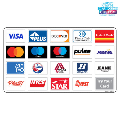 A laminated decal with multiple network logos including Visa, Discover, American Express, and others.
