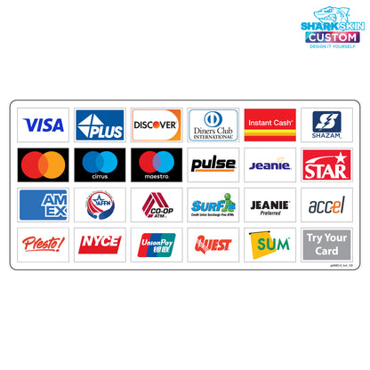 A laminated decal with a grid of network company logos including Visa, Discover, American Express, and others.