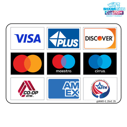 A decal featuring logos of various credit card networks such as Visa, Mastercard, Discover, and American Express.