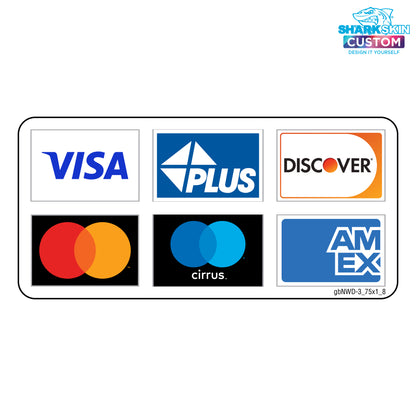 A decal featuring logos of various credit card networks including Visa, Mastercard, Discover, Cirrus, and American Express.