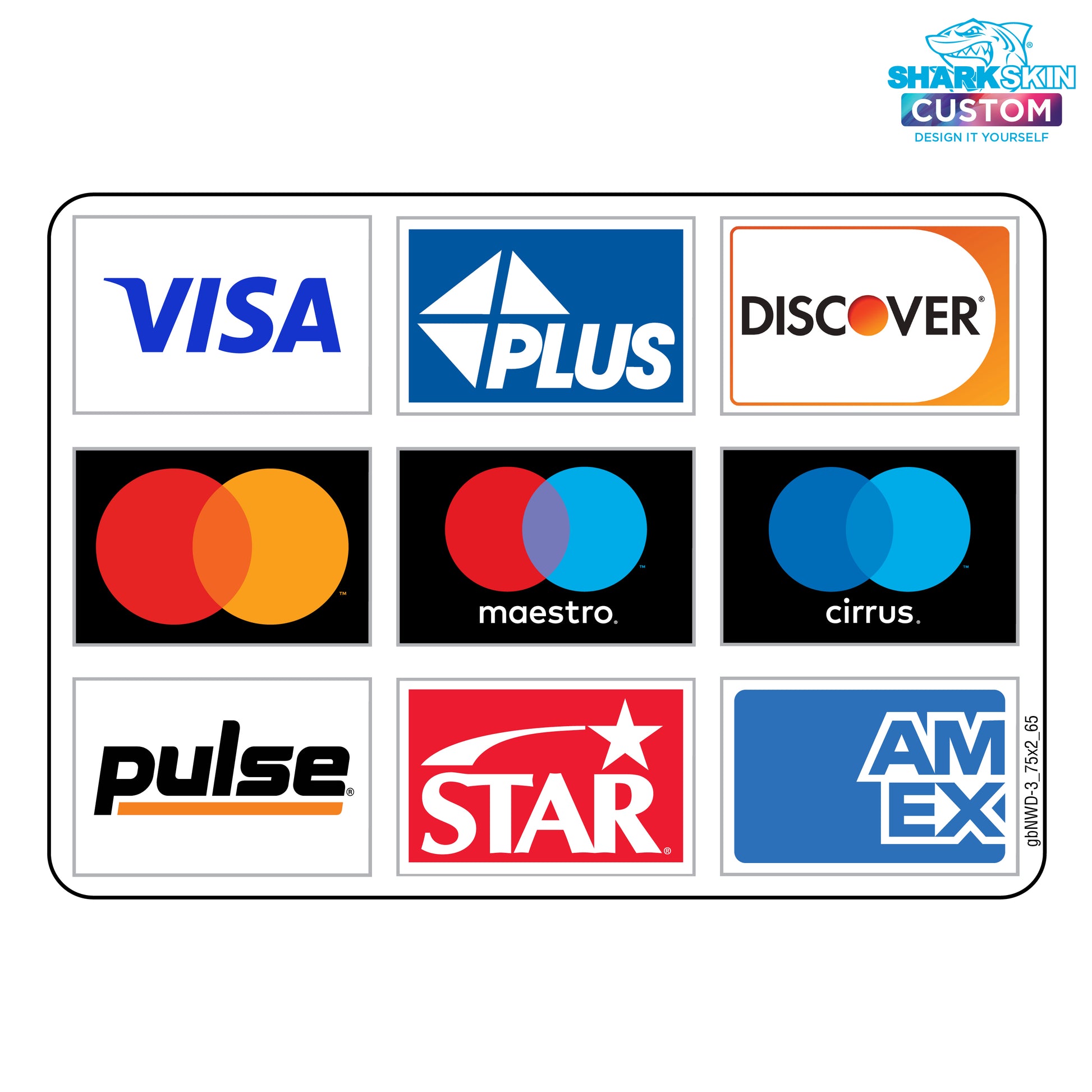 A decal featuring logos of various credit card networks such as Visa, Mastercard, Discover, and American Express.